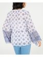 MICHAEL KORS Womens Blue Printed 3 4 Sleeve V Neck Tunic Top on Sale