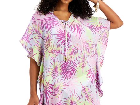 MIKEN Women s Purple Tropical Print Flutter Sleeves Deep V Neck Tie Swimsuit Cover Up Online