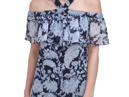 TOMMY HILFIGER Womens Navy Ruffled Tie Chiffon Elastic Halter Floral Short Sleeve Off Shoulder Top For Sale