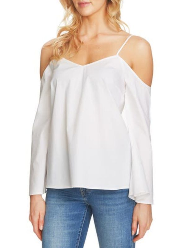 1. STATE Womens White Cold Shoulder Long Sleeve V Neck Top For Discount