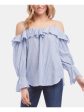 KAREN KANE Womens Light Blue Cold Shoulder Ruffled Striped Long Sleeve Scoop Neck Top For Cheap