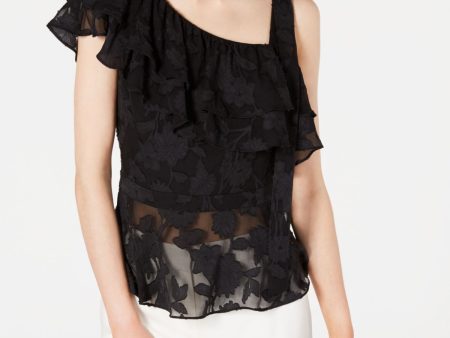 RACHEL ZOE Womens Black Ruffled Short Sleeve Jewel Neck Top Online Hot Sale