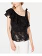 RACHEL ZOE Womens Black Ruffled Short Sleeve Jewel Neck Top Online Hot Sale