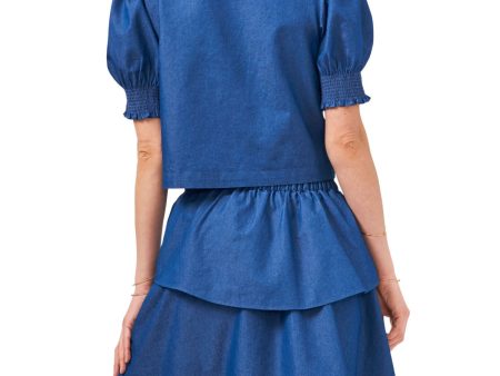 1. STATE Womens Blue Smocked Short Length Pouf Sleeve Square Neck Top Online now