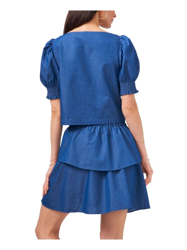 1. STATE Womens Blue Smocked Short Length Pouf Sleeve Square Neck Top Online now