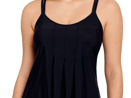 SWIM SOLUTIONS Women s Black Pleated Adjustable Scoop Neck Tankini Swimsuit Top For Cheap