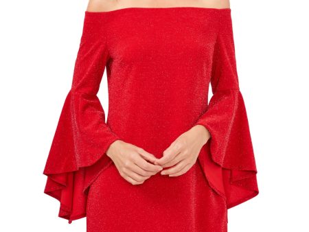 VINCE CAMUTO Womens Red Glitter Pullover Lined Bell Sleeve Off Shoulder Short Cocktail Shift Dress Hot on Sale