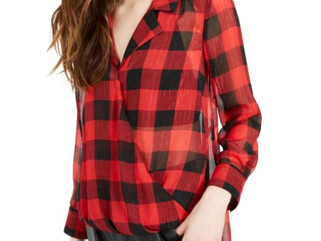 BAR III Womens Red Plaid Long Sleeve Collared Top Discount