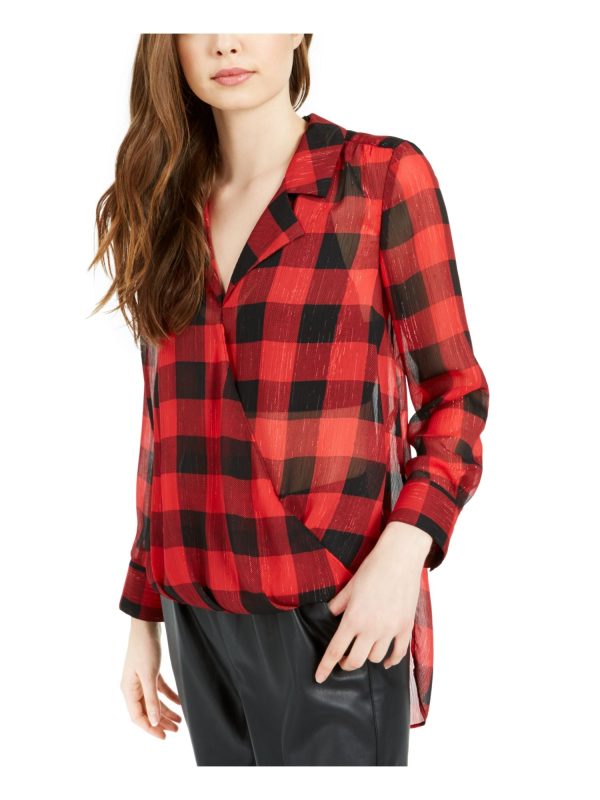 BAR III Womens Red Plaid Long Sleeve Collared Top Discount