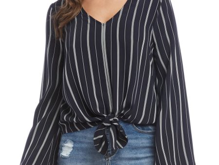 KAREN KANE Womens Black Pinstripe Bell Sleeve V Neck Top on Sale