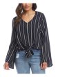 KAREN KANE Womens Black Pinstripe Bell Sleeve V Neck Top on Sale