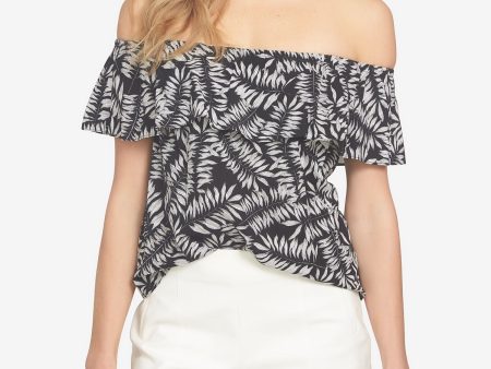 1. STATE Womens Black Leaves Short Sleeve Off Shoulder Top For Sale