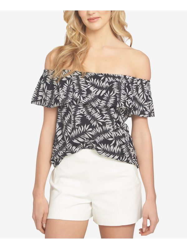 1. STATE Womens Black Leaves Short Sleeve Off Shoulder Top For Sale