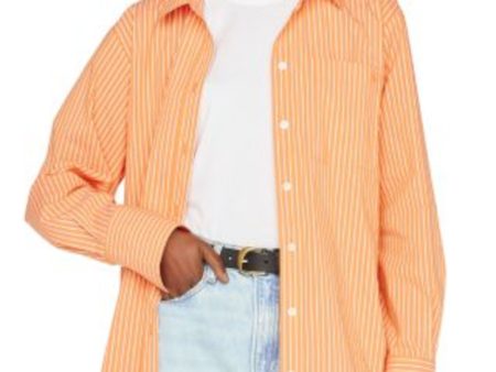 FRAME Womens Orange Pocketed Curved Hem Striped Cuffed Sleeve Point Collar Button Up Top Hot on Sale