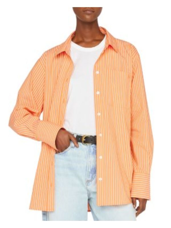 FRAME Womens Orange Pocketed Curved Hem Striped Cuffed Sleeve Point Collar Button Up Top Hot on Sale