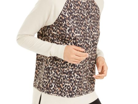 IDEOLOGY Womens Beige Animal Print Long Sleeve Crew Neck Blouse For Discount