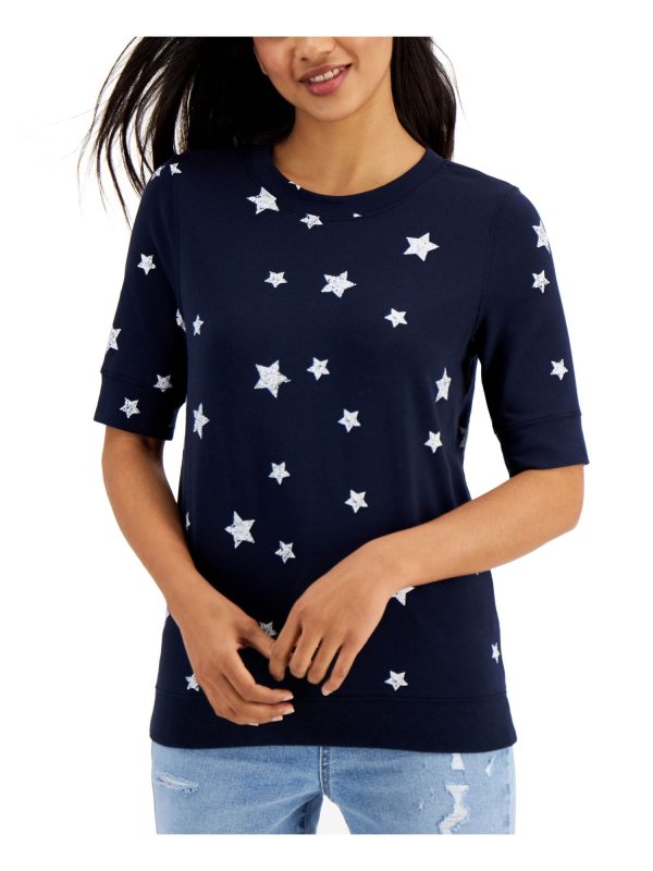 STYLE & COMPANY Womens Navy Stretch Elbow Sleeve Crew Neck Sweatshirt Supply