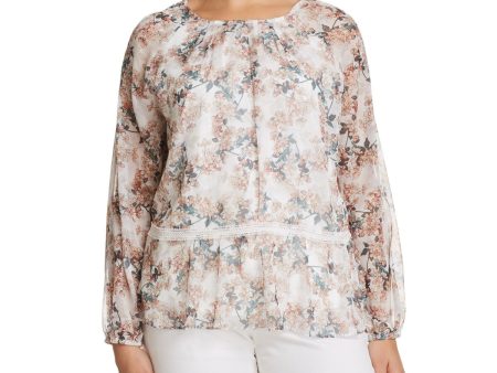 GLAMOROUS CURVE Womens Sheer Floral Blouson Sleeve Round Neck Peplum Top Online