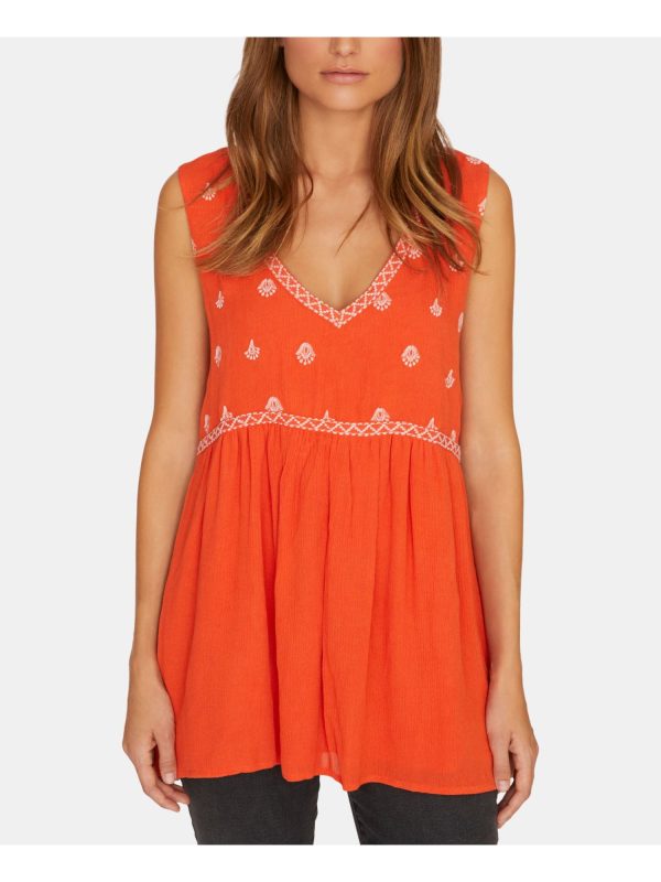 SANCTUARY Womens Orange Embroidered Printed Sleeveless V Neck Tunic Top Supply