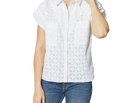 JOIE Womens Pocketed Geometric Cap Sleeve Collared Wear To Work Button Up Top Online Sale