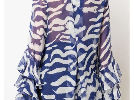 Prabal Gurung Womens Blue Sheer Ruffled Sleeves Printed Long Sleeve Tie Neck Evening Top Supply