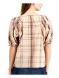 INC Womens Gold Plaid Pouf Crew Neck Top Discount