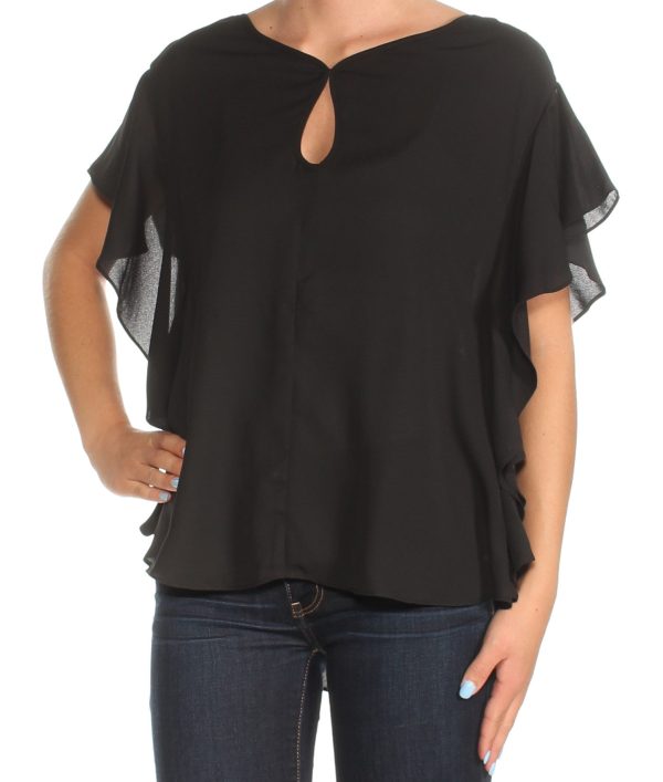 MAX JEANS Womens Black Ruffled Dolman Sleeve Keyhole Top Online now