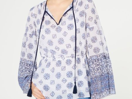 MICHAEL KORS Womens Blue Printed 3 4 Sleeve V Neck Tunic Top on Sale