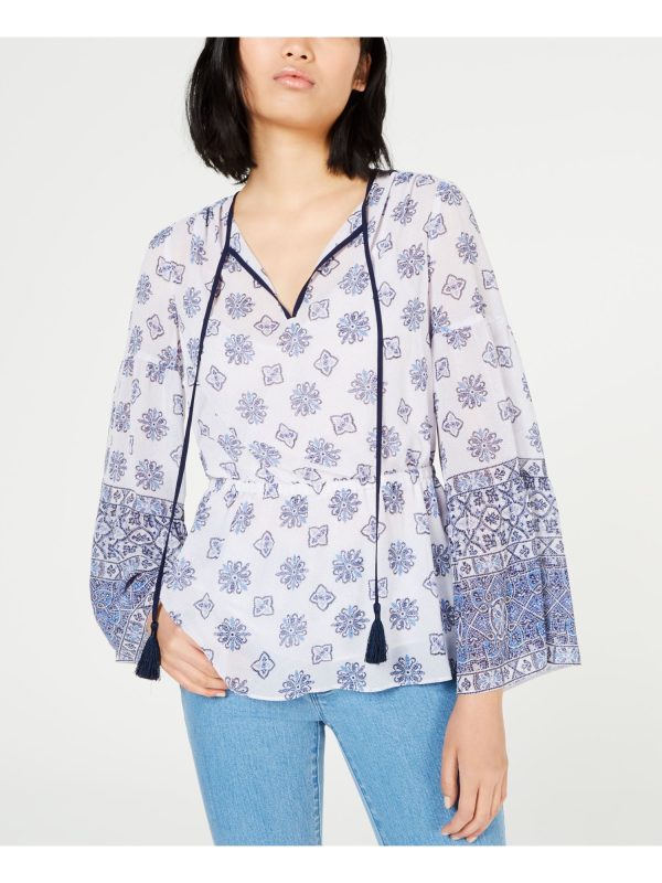 MICHAEL KORS Womens Blue Printed 3 4 Sleeve V Neck Tunic Top on Sale