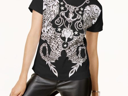 JUST CAVALLI Womens Black Printed Short Sleeve Scoop Neck Top For Sale