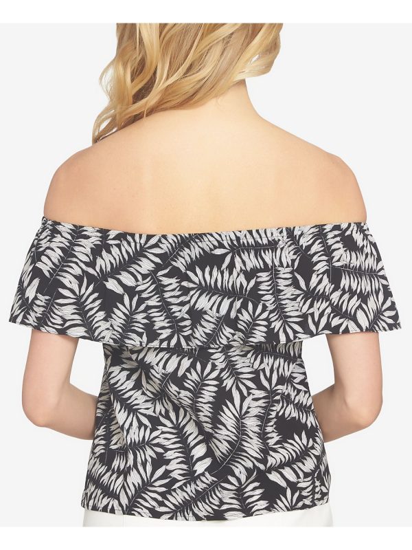 1. STATE Womens Black Leaves Short Sleeve Off Shoulder Top For Sale