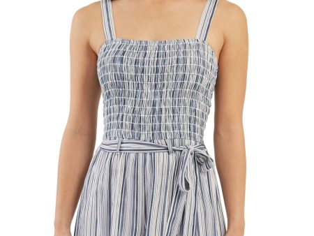 BCX Womens Ivory Smocked Lined Tie Belt Pinstripe Sleeveless Square Neck Shorts Romper For Discount