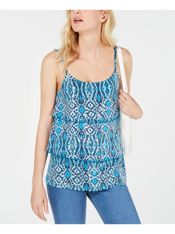 INC Womens Blue Sequined Printed Sleeveless Scoop Neck Tiered Top For Cheap