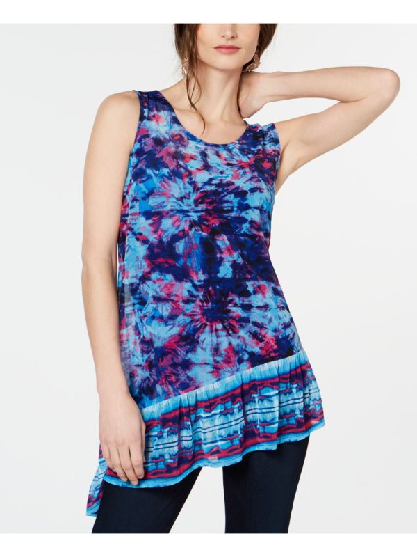 INC Womens Blue Tie Dye Sleeveless Jewel Neck Top Hot on Sale