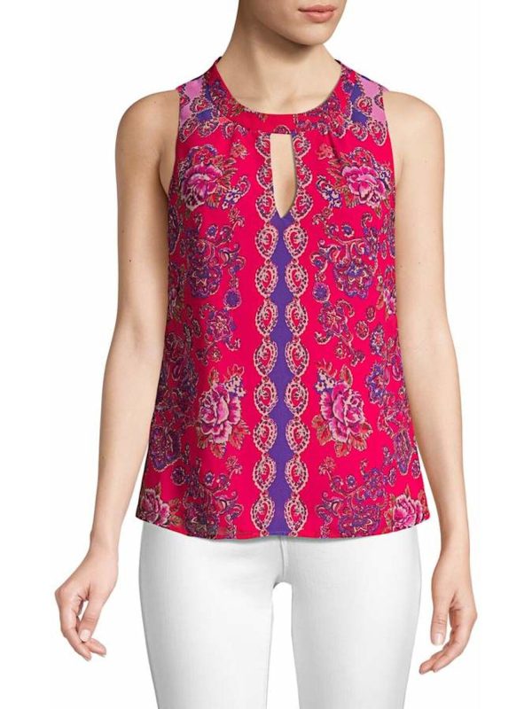 NANETTE LEPORE Womens Red Printed Sleeveless Keyhole Top Fashion