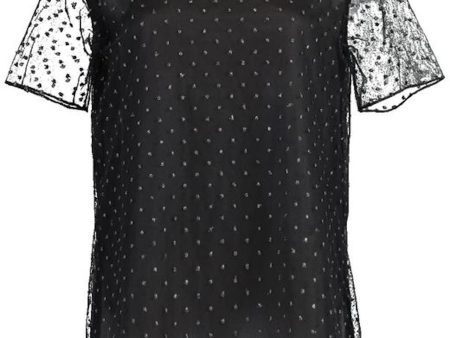 Adam Lippes Womens Black Embellished Sheer Sleeves Short Sleeve Jewel Neck Evening Top Supply