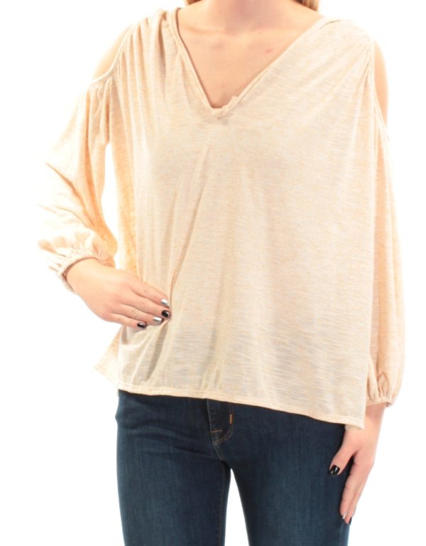 MAX STUDIO Womens Beige Slitted Long Sleeve V Neck Top Discount