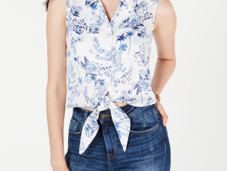 LOVE FIRE Womens White Floral Sleeveless Collared Button Up Top Online Hot Sale