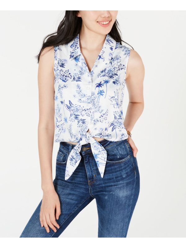 LOVE FIRE Womens White Floral Sleeveless Collared Button Up Top Online Hot Sale