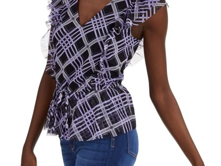 INC Womens Purple Frayed Tie Tartan Plaid Sleeveless V Neck Top For Cheap