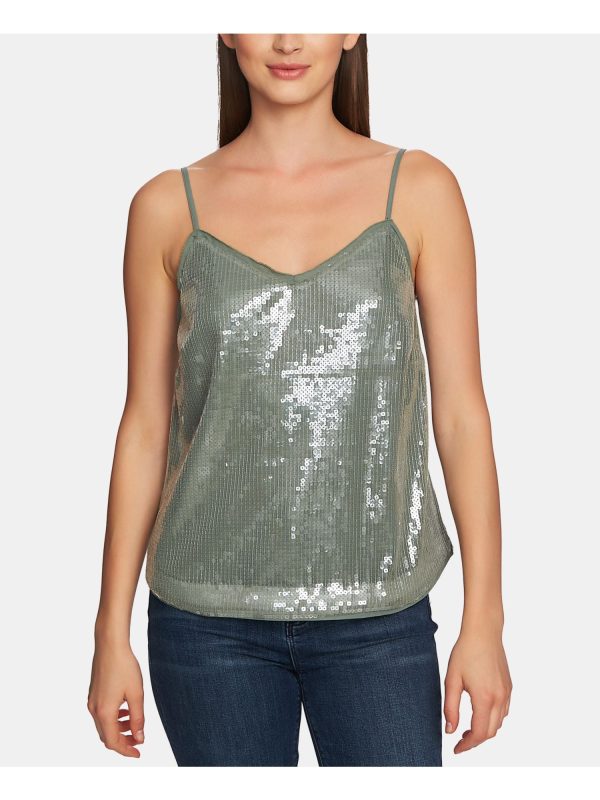 1. STATE Womens Green Sequined Spaghetti Strap V Neck Party Tank Top Sale