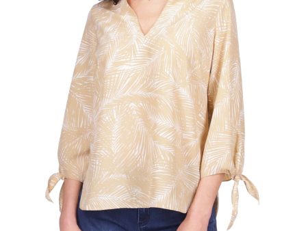 MICHAEL MICHAEL KORS Womens Beige Tie Darted Round Hem 3 4 Sleeve V Neck Top Fashion