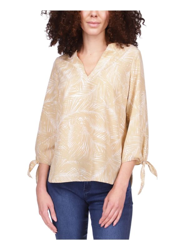 MICHAEL MICHAEL KORS Womens Beige Tie Darted Round Hem 3 4 Sleeve V Neck Top Fashion