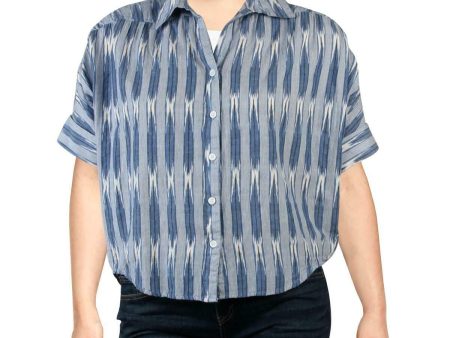 KAREN KANE Womens Blue Cuffed Short Sleeve Printed Short Sleeve Collared Button Up Top Online Sale