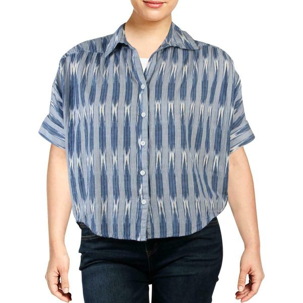 KAREN KANE Womens Blue Cuffed Short Sleeve Printed Short Sleeve Collared Button Up Top Online Sale