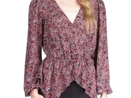 MICHAEL MICHAEL KORS Womens Maroon Paisley Long Sleeve Surplice Neckline Wear To Work Faux Wrap Top Fashion