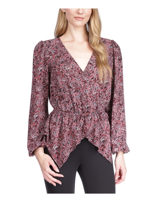 MICHAEL MICHAEL KORS Womens Maroon Paisley Long Sleeve Surplice Neckline Wear To Work Faux Wrap Top Fashion