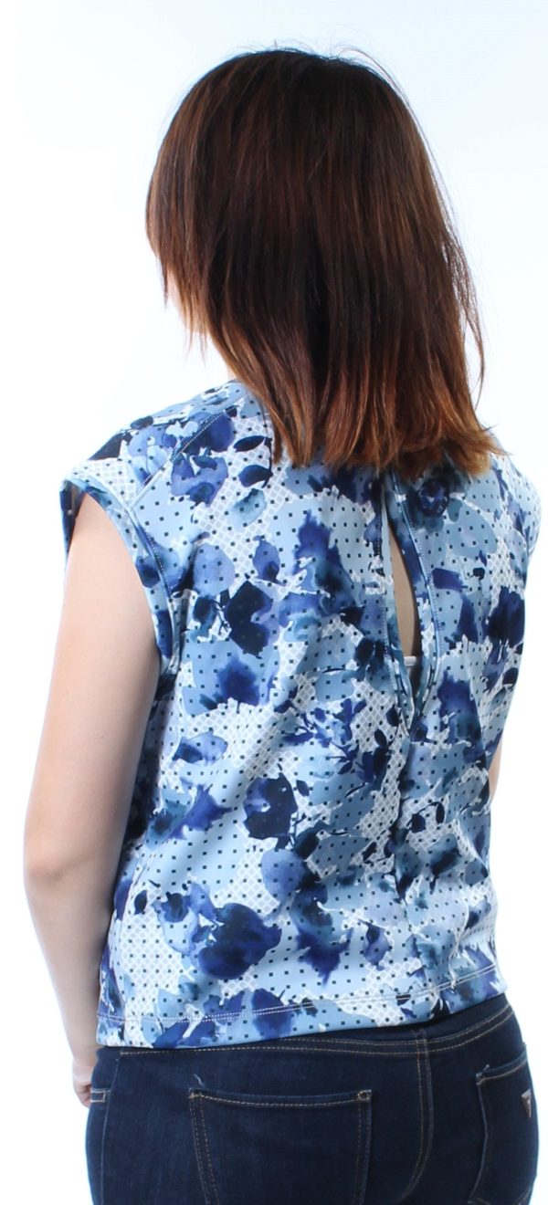 KIIND OF Womens Blue Cut Out  Back Floral Cap Sleeve Jewel Neck Top Online