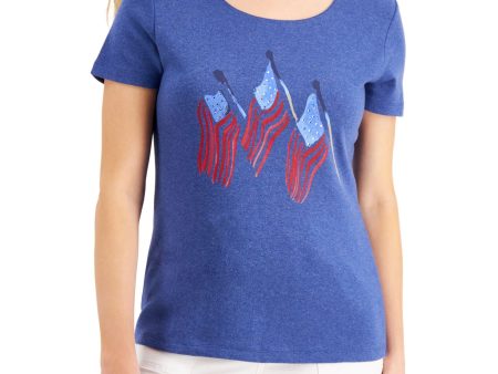 KAREN SCOTT Womens Blue Embellished Relaxed Fit Graphic Short Sleeve Scoop Neck T-Shirt Sale