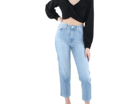 ALMOST FAMOUS Womens Black Knit Ribbed Twist Front Long Sleeve V Neck Crop Top For Sale